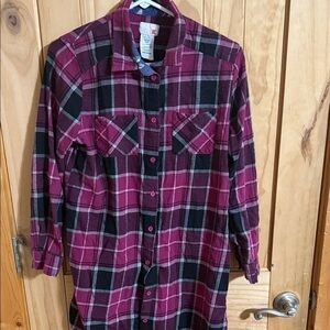 PINK K Plaid Button Down Shirt in Burgundy and Black